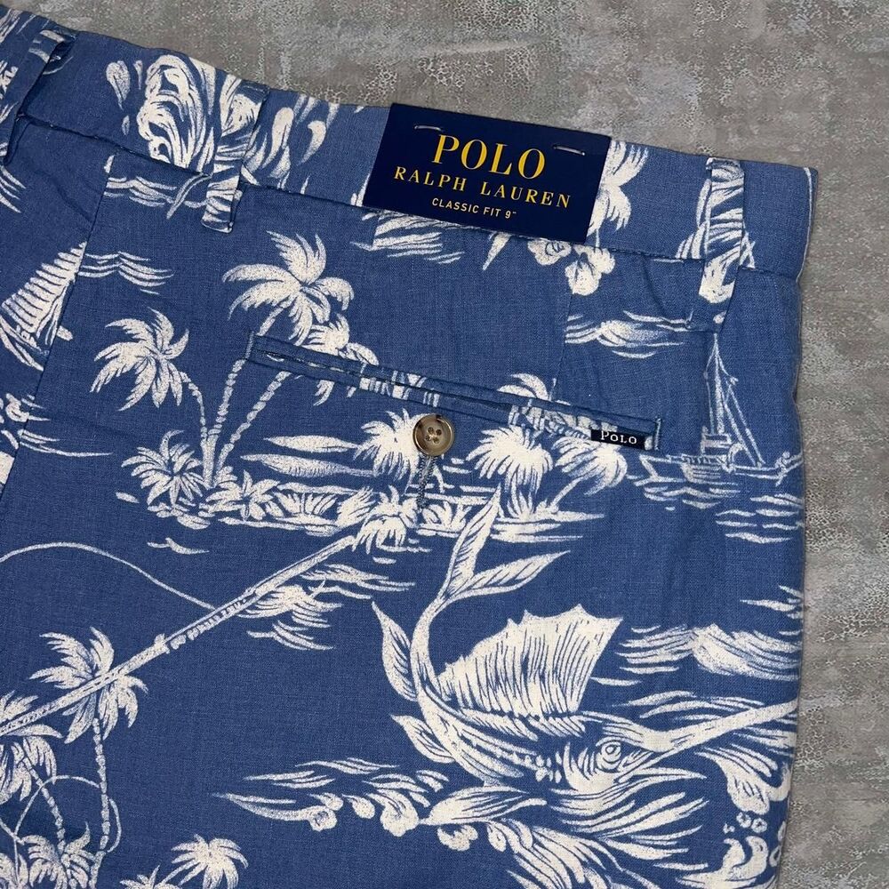 NWT Polo Ralph Lauren Men's 35 Blue Tropical Marlin Linen Shorts 9" Inseam